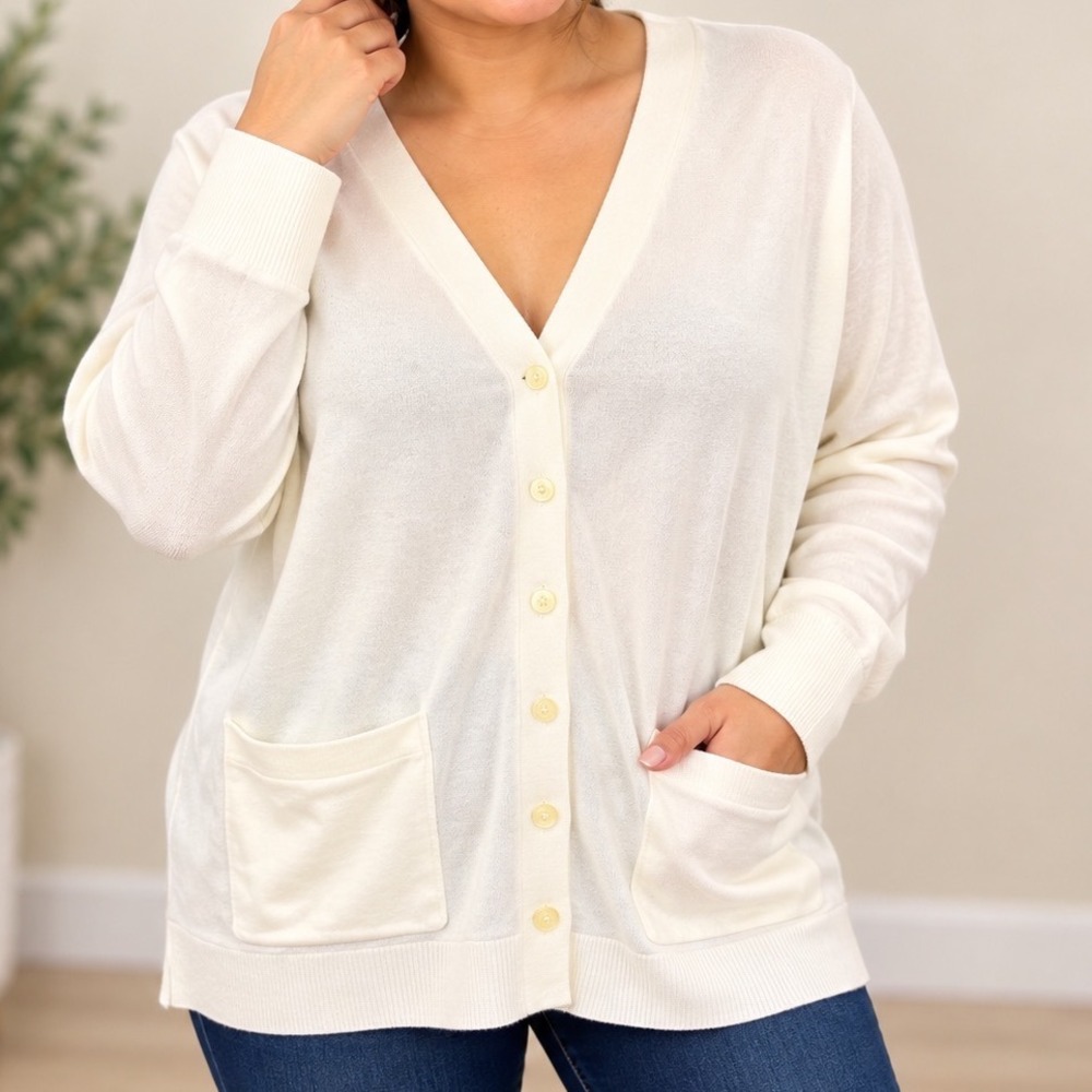 Lands End Womens 1X Ivory Cotton Modal V-Neck Button Front Cardigan Sweater